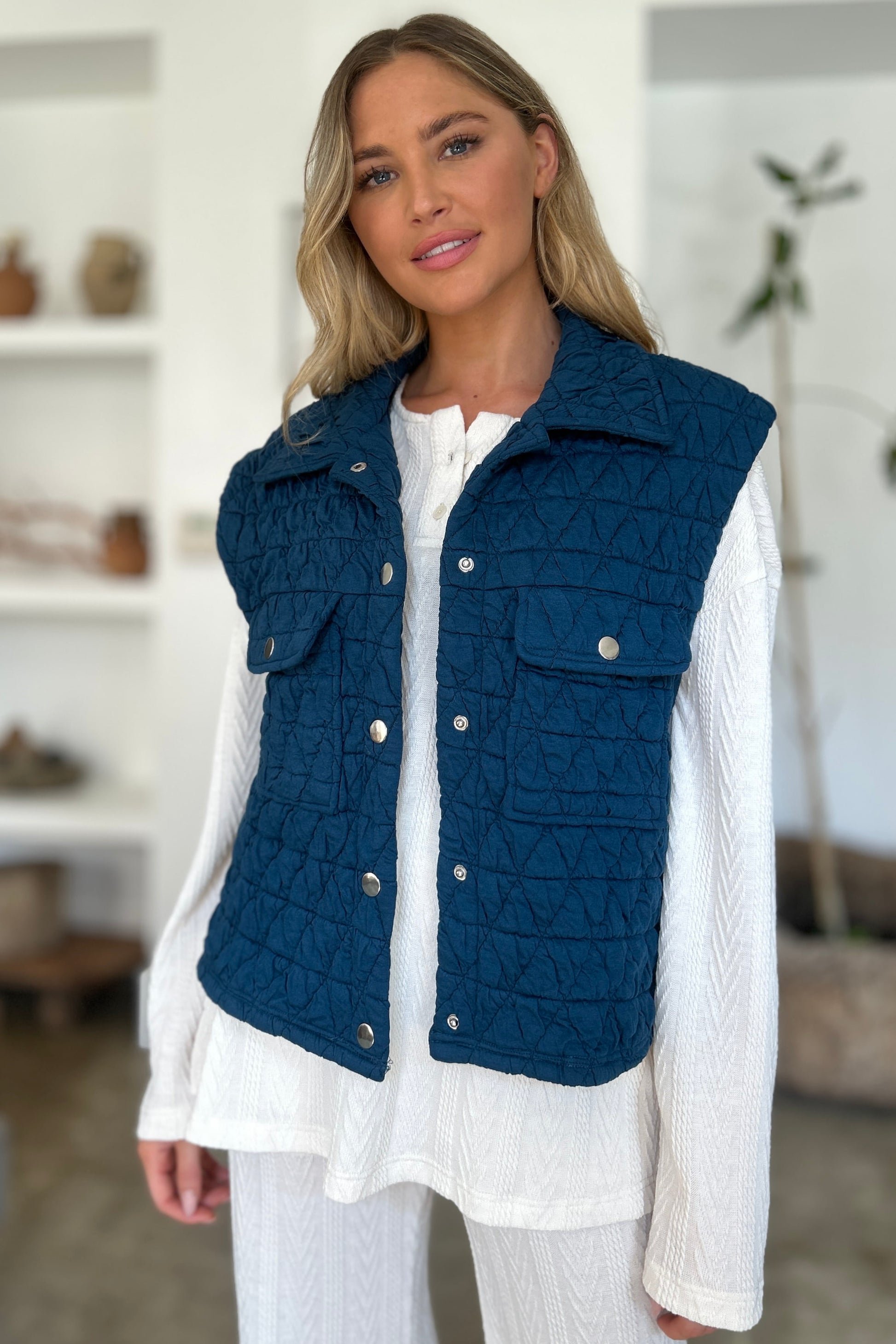 Double Take Full Size Pocketed Texture Snap Down Vest Coat - Hot Trends Online