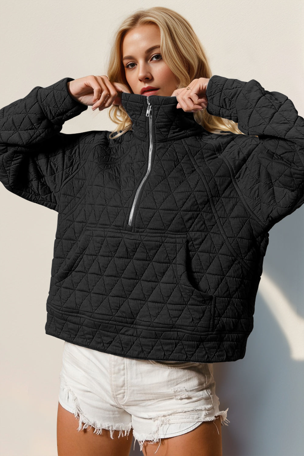 Double Take Half Zip Long Sleeve Quilted Sweatshirt with Pocket - Hot Trends Online