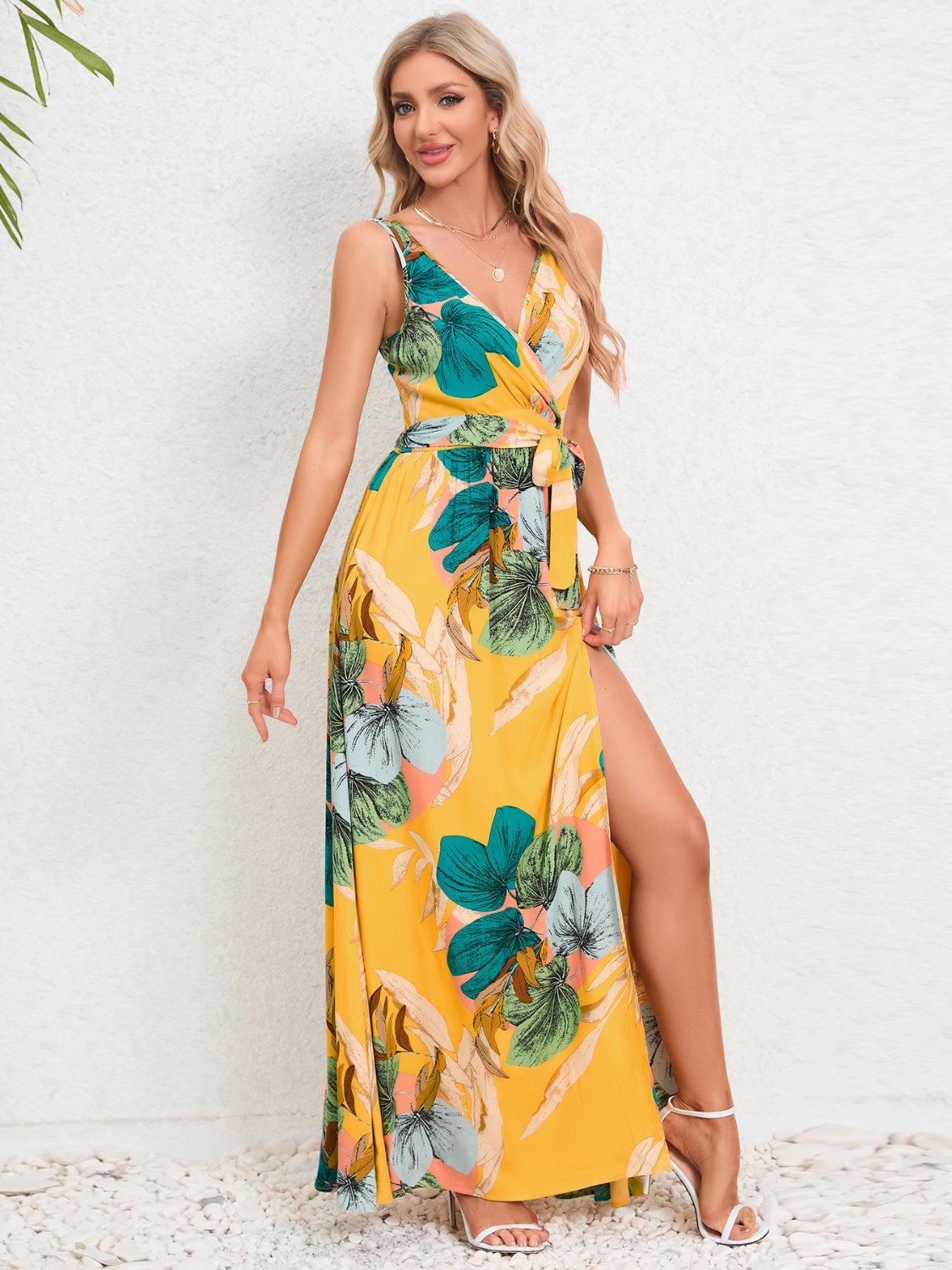 Slit Tied Printed Surplice Dress  Hot Trends