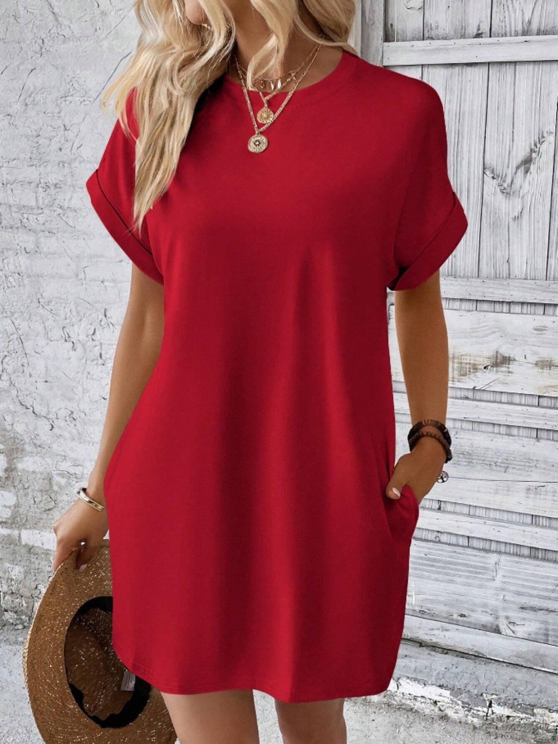 Pocketed Round Neck Short Sleeve Dress  Hot Trends