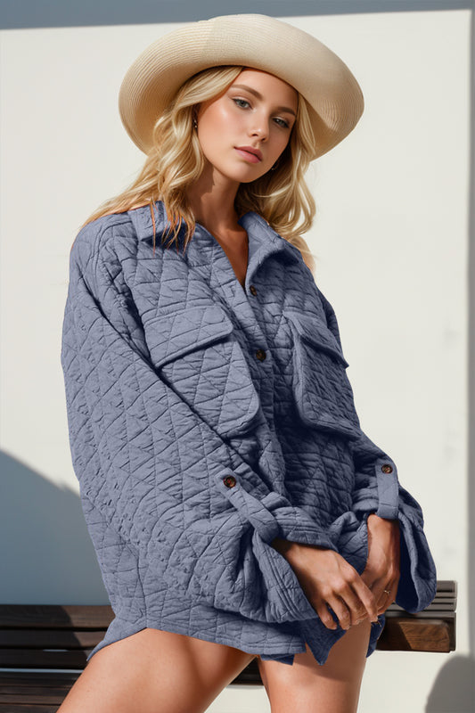 Double Take Button Up Quilted Shacket with Chest Pockets - Hot Trends Online