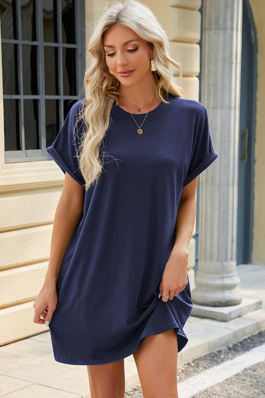 Round Neck Rolled Short Sleeve Tee Dress  Hot Trends