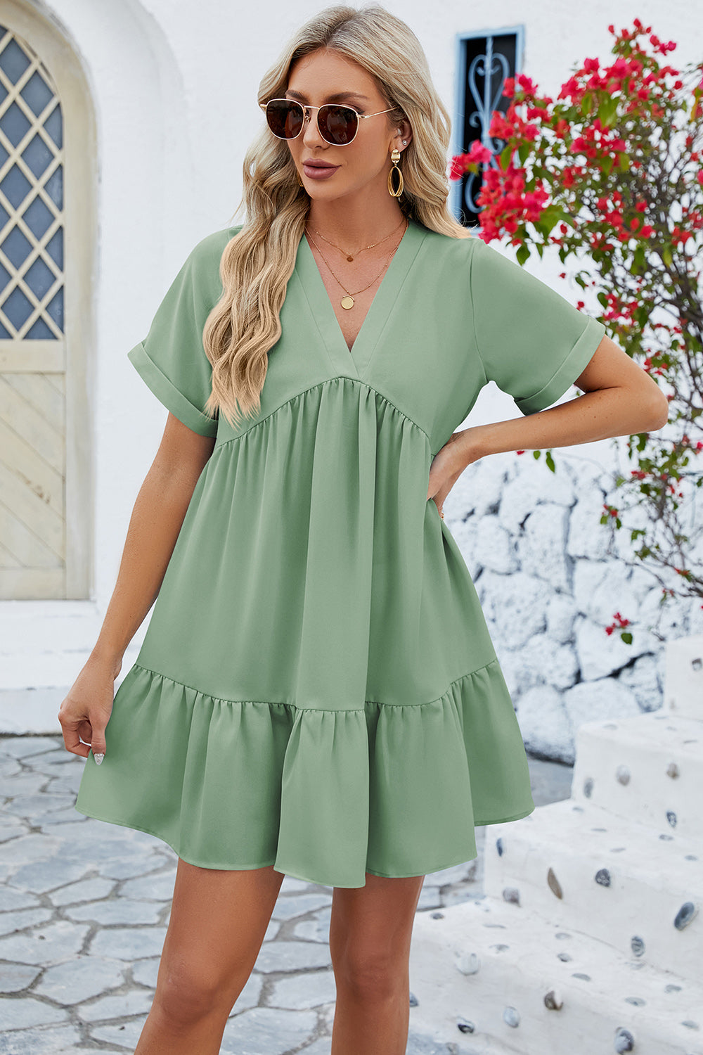 Ruched Tiered V-Neck Short Sleeve Mini Dress  Hot Trends