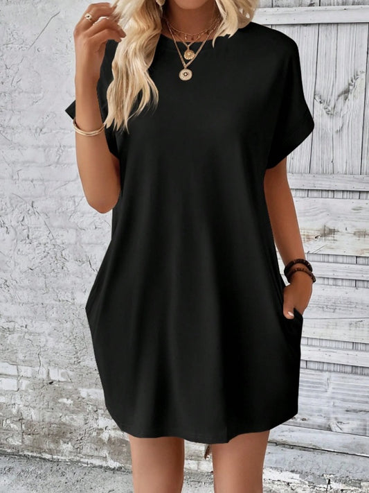 Pocketed Round Neck Short Sleeve Dress  Hot Trends