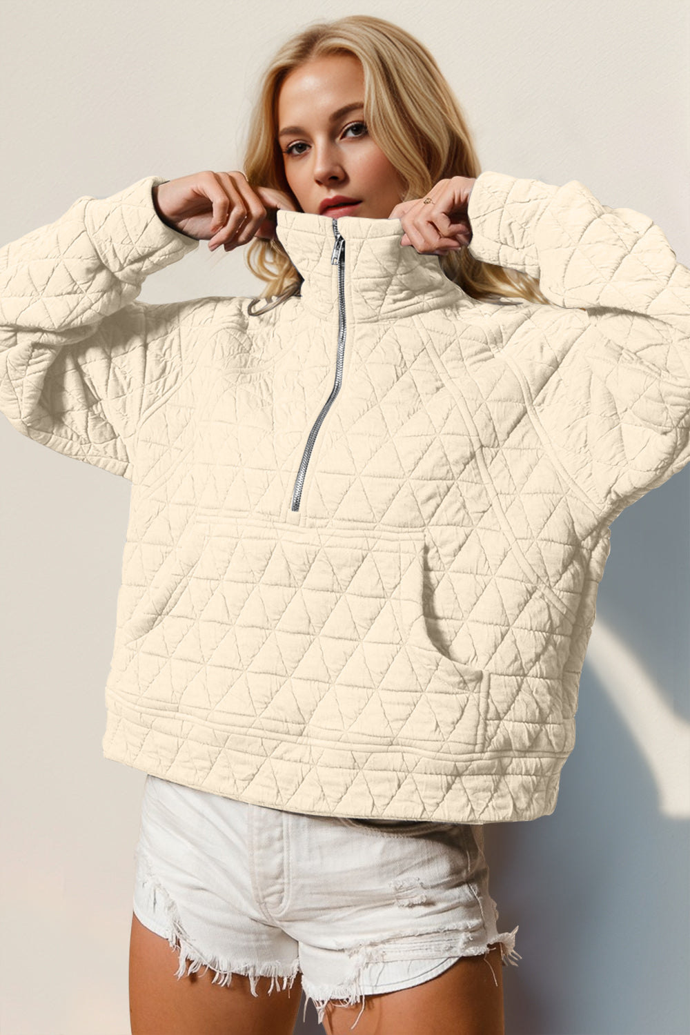 Double Take Half Zip Long Sleeve Quilted Sweatshirt with Pocket - Hot Trends Online