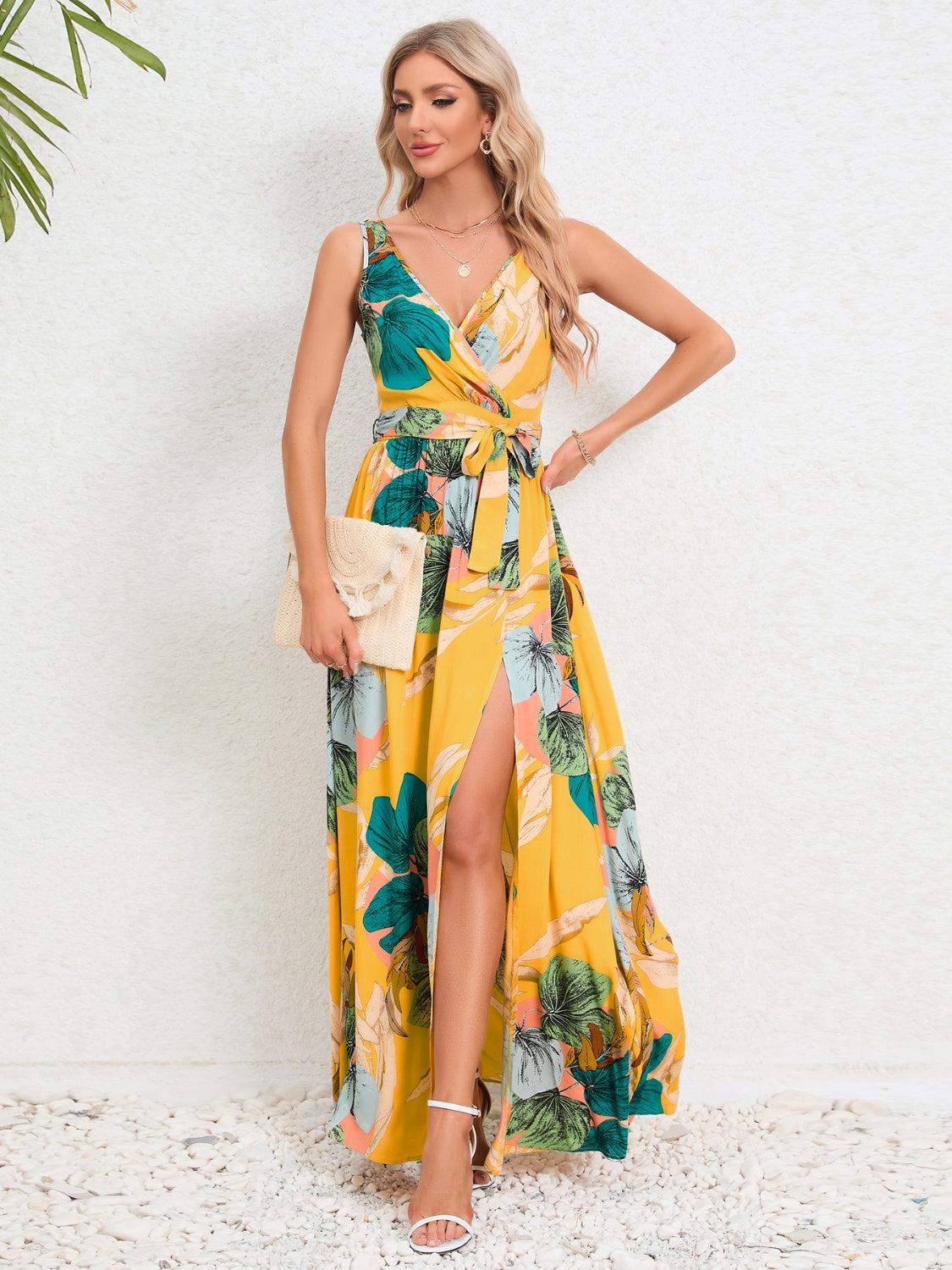 Slit Tied Printed Surplice Dress  Hot Trends