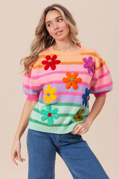 BiBi Flower Patch Puff Sleeve Striped Sweater  Hot Trends