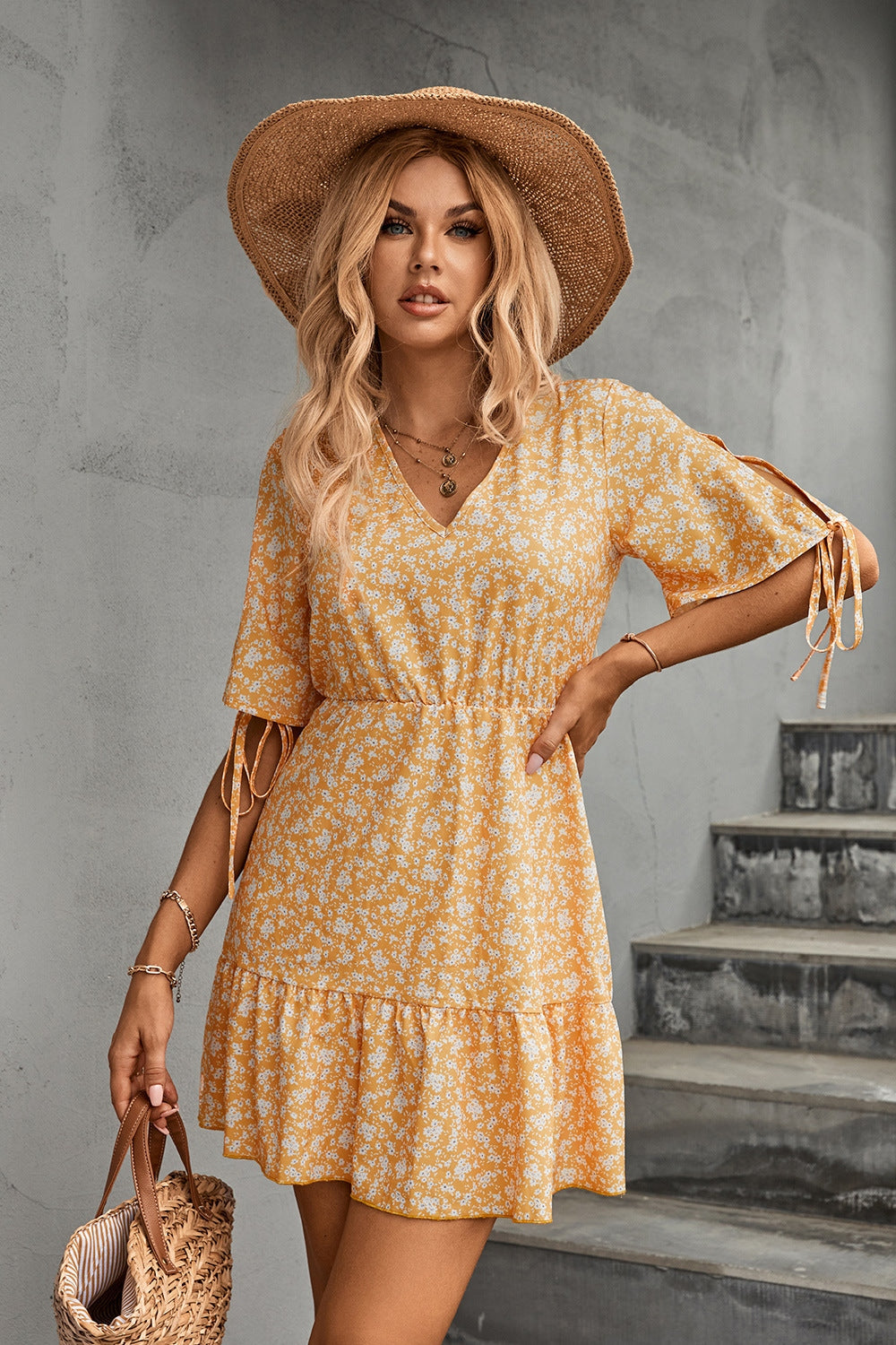 Ditsy Floral V-Neck Half Sleeve Mini Dress  Hot Trends