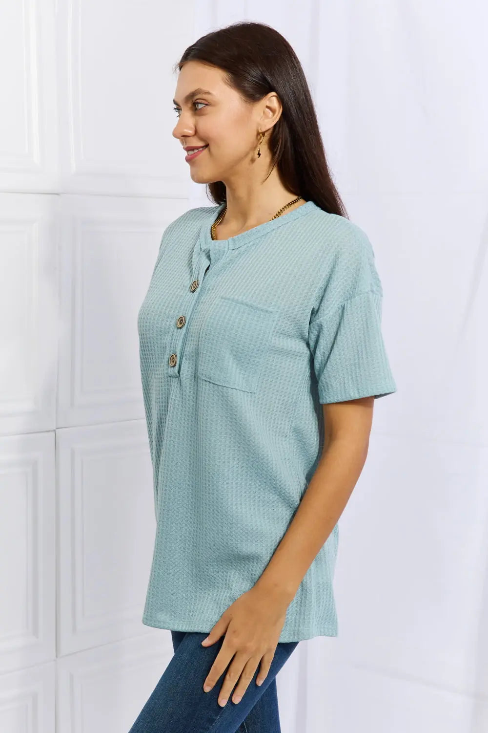 Heimish Made For You Full Size 1/4 Button Down Waffle Top in Blue - Hot Trends