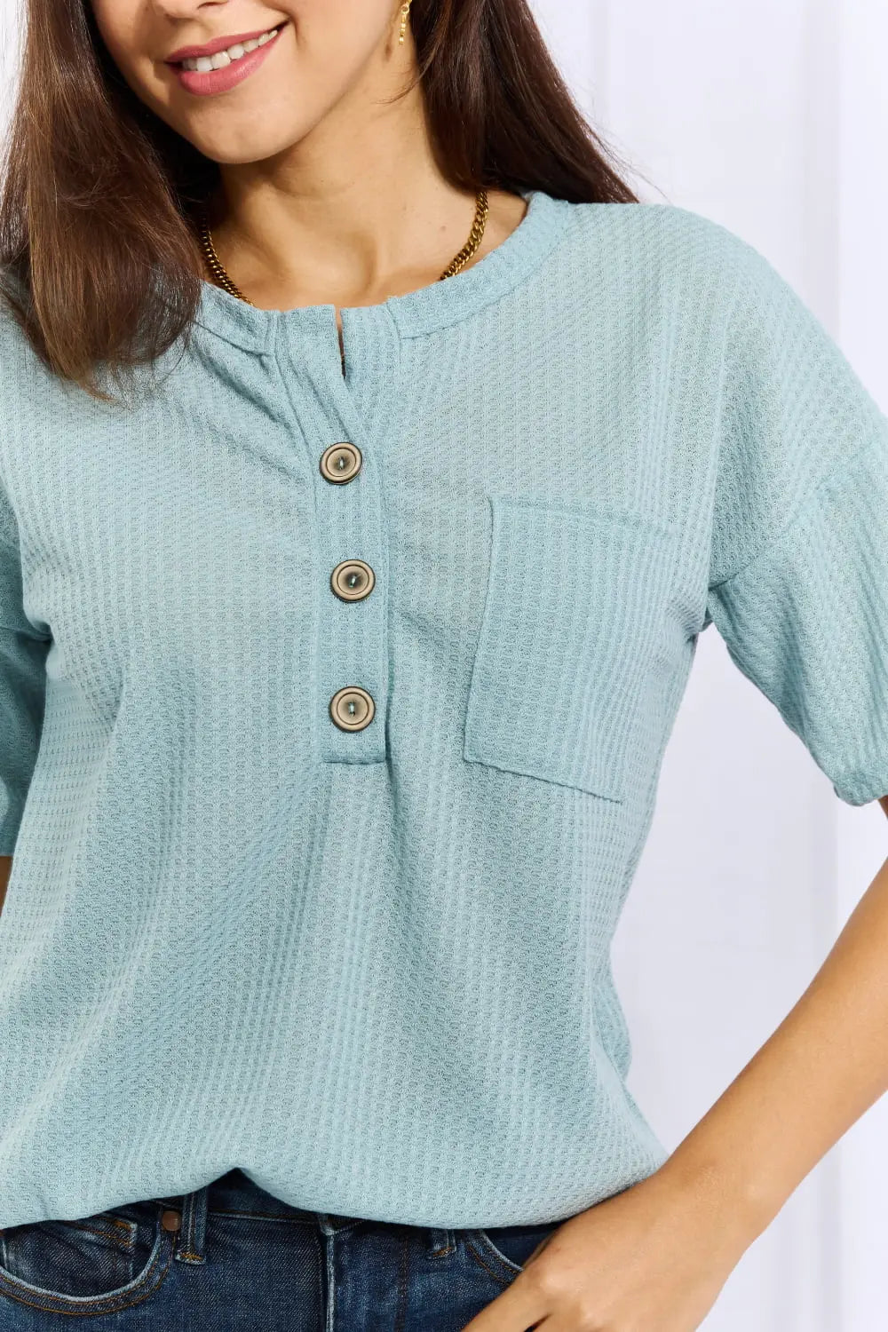 Heimish Made For You Full Size 1/4 Button Down Waffle Top in Blue - Hot Trends