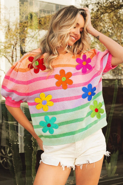 BiBi Flower Patch Puff Sleeve Striped Sweater  Hot Trends