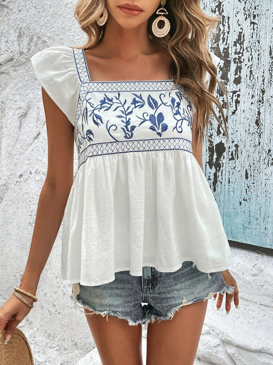 Embroidered Square Neck Cap Sleeve Blouse  Hot Trends