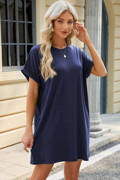 Round Neck Rolled Short Sleeve Tee Dress  Hot Trends