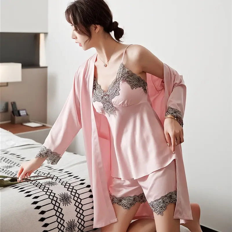 5PC Silk Robe Sleep Suit Women's Lace Satin Pajamas Gown Set V-Neck Cami Nighties Wear Pijama - Hot Trends