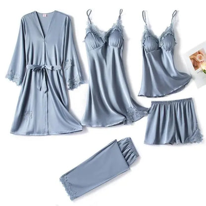 5PC Silk Robe Sleep Suit Women's Lace Satin Pajamas Gown Set V-Neck Cami Nighties Wear Pijama - Hot Trends