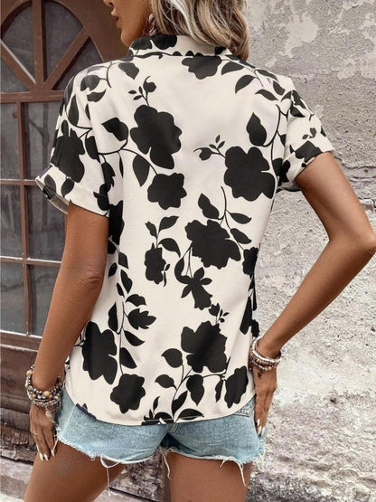 Flower Notched Short Sleeve Blouse  Hot Trends