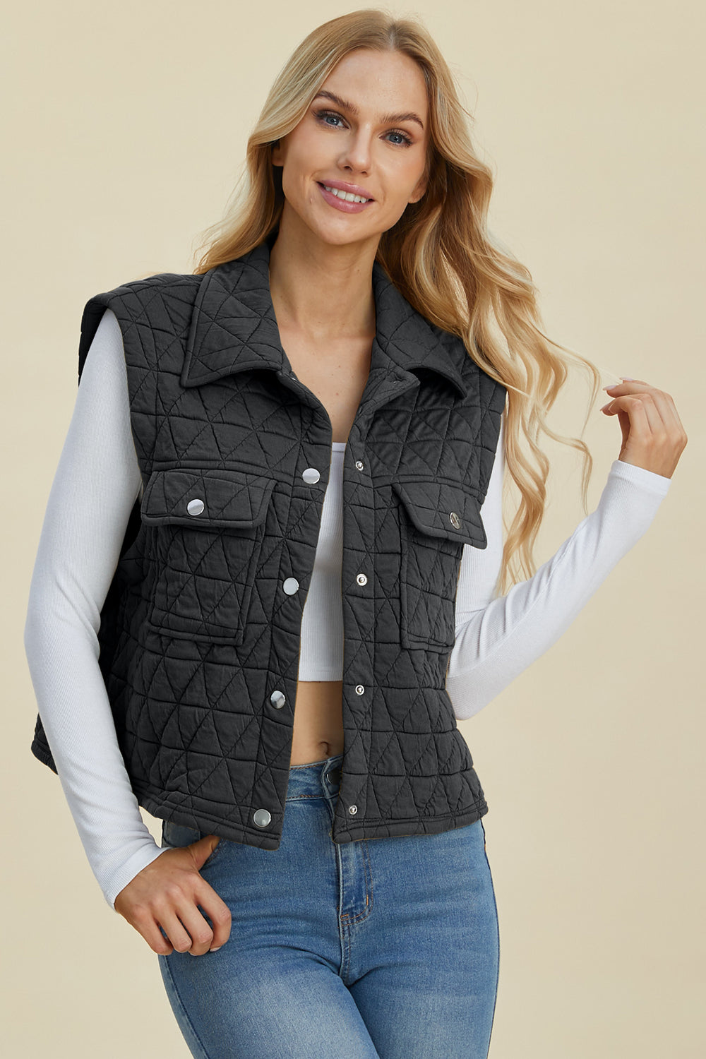 Double Take Full Size Pocketed Texture Snap Down Vest Coat - Hot Trends Online