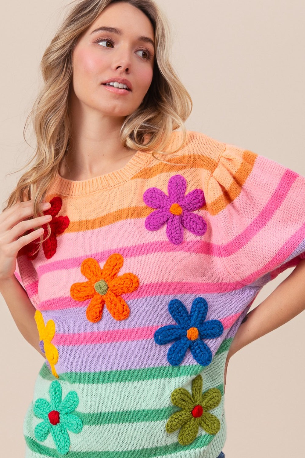 BiBi Flower Patch Puff Sleeve Striped Sweater  Hot Trends