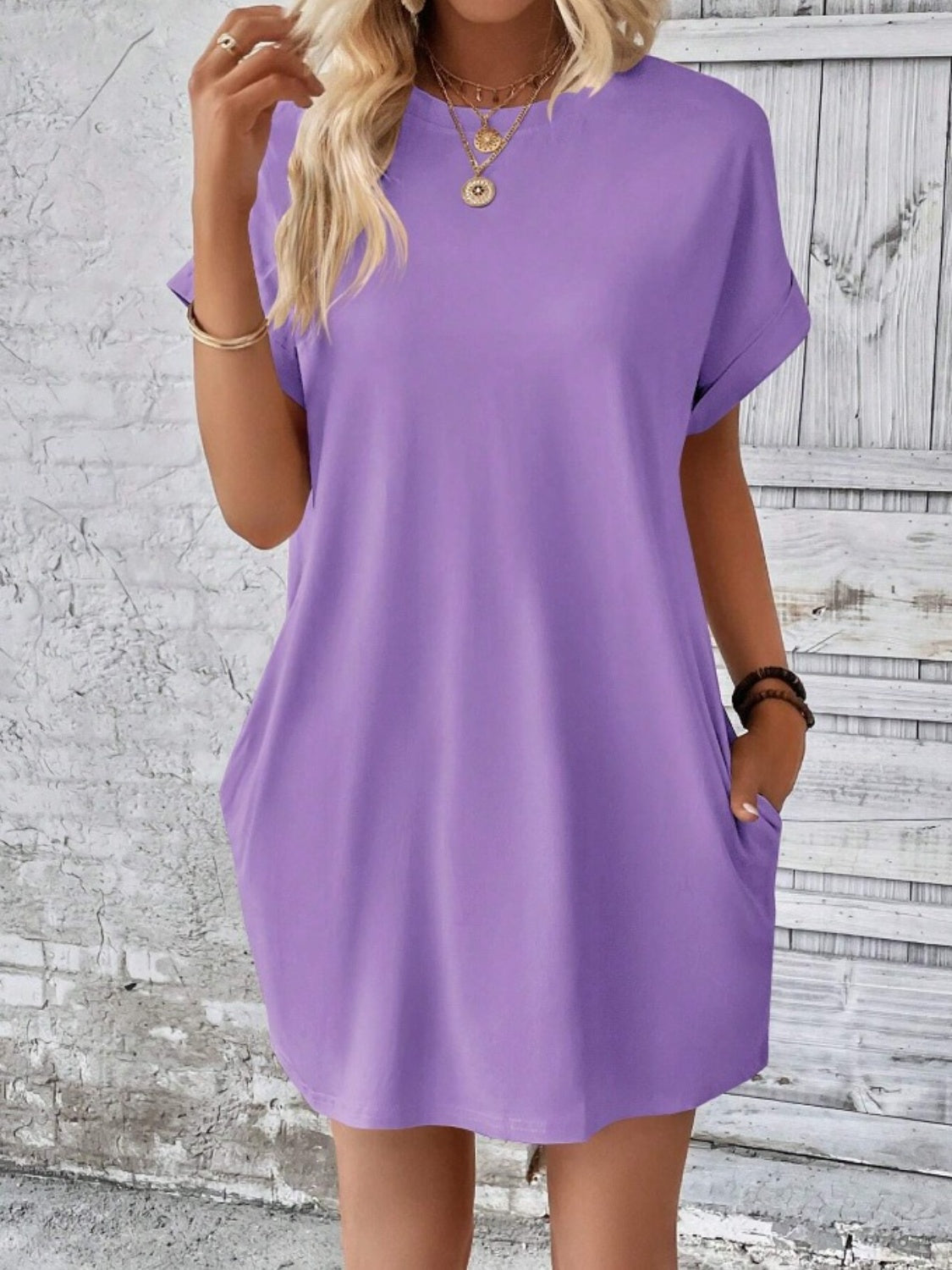 Pocketed Round Neck Short Sleeve Dress  Hot Trends