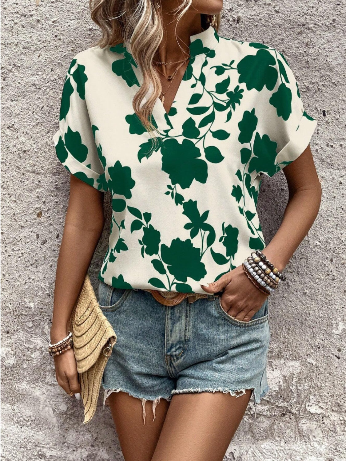 Flower Notched Short Sleeve Blouse  Hot Trends
