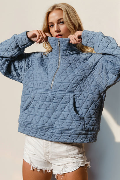 Double Take Half Zip Long Sleeve Quilted Sweatshirt with Pocket - Hot Trends Online