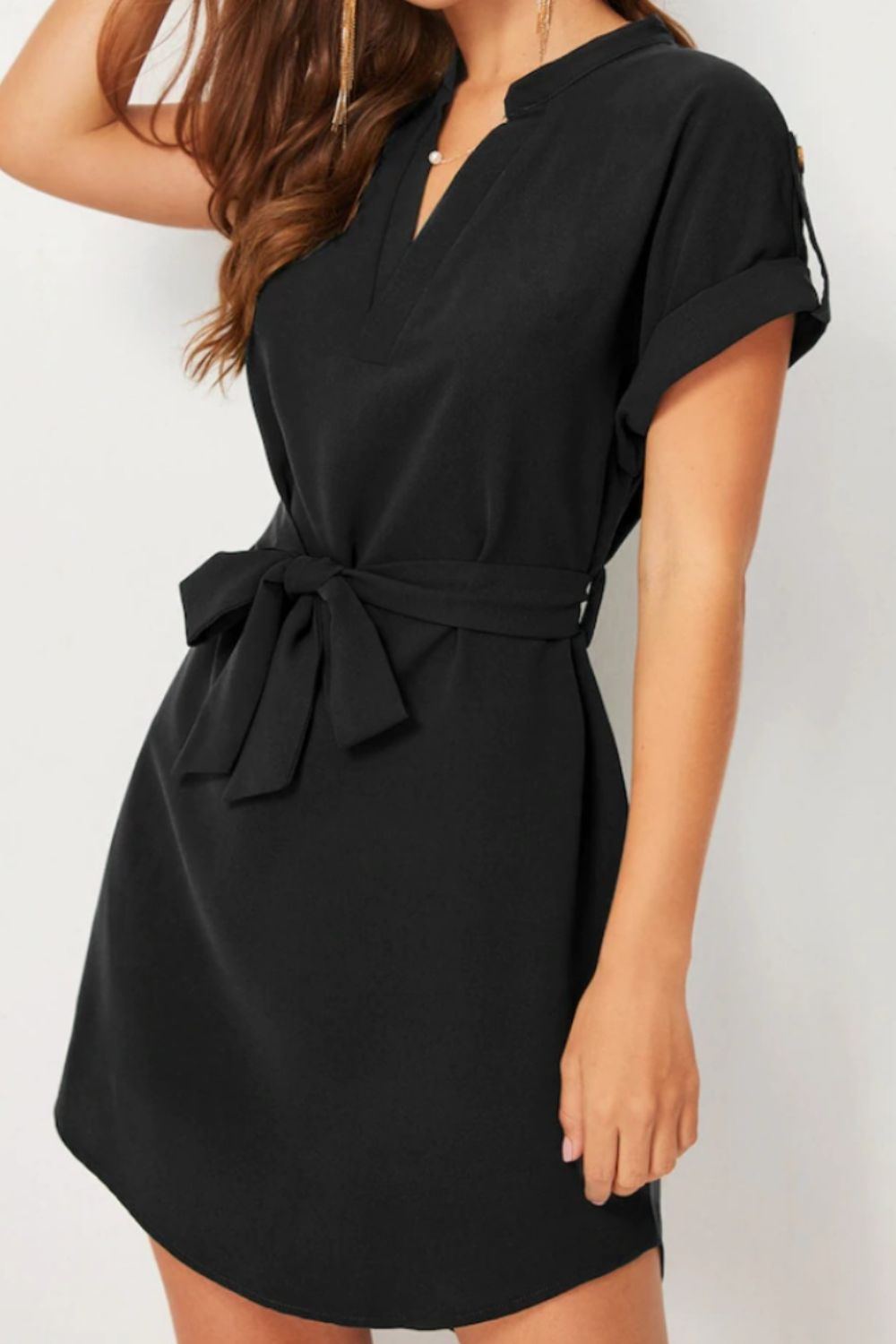 Tied Notched Short Sleeve Dress  Hot Trends