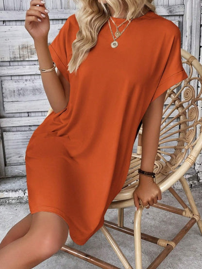 Pocketed Round Neck Short Sleeve Dress  Hot Trends