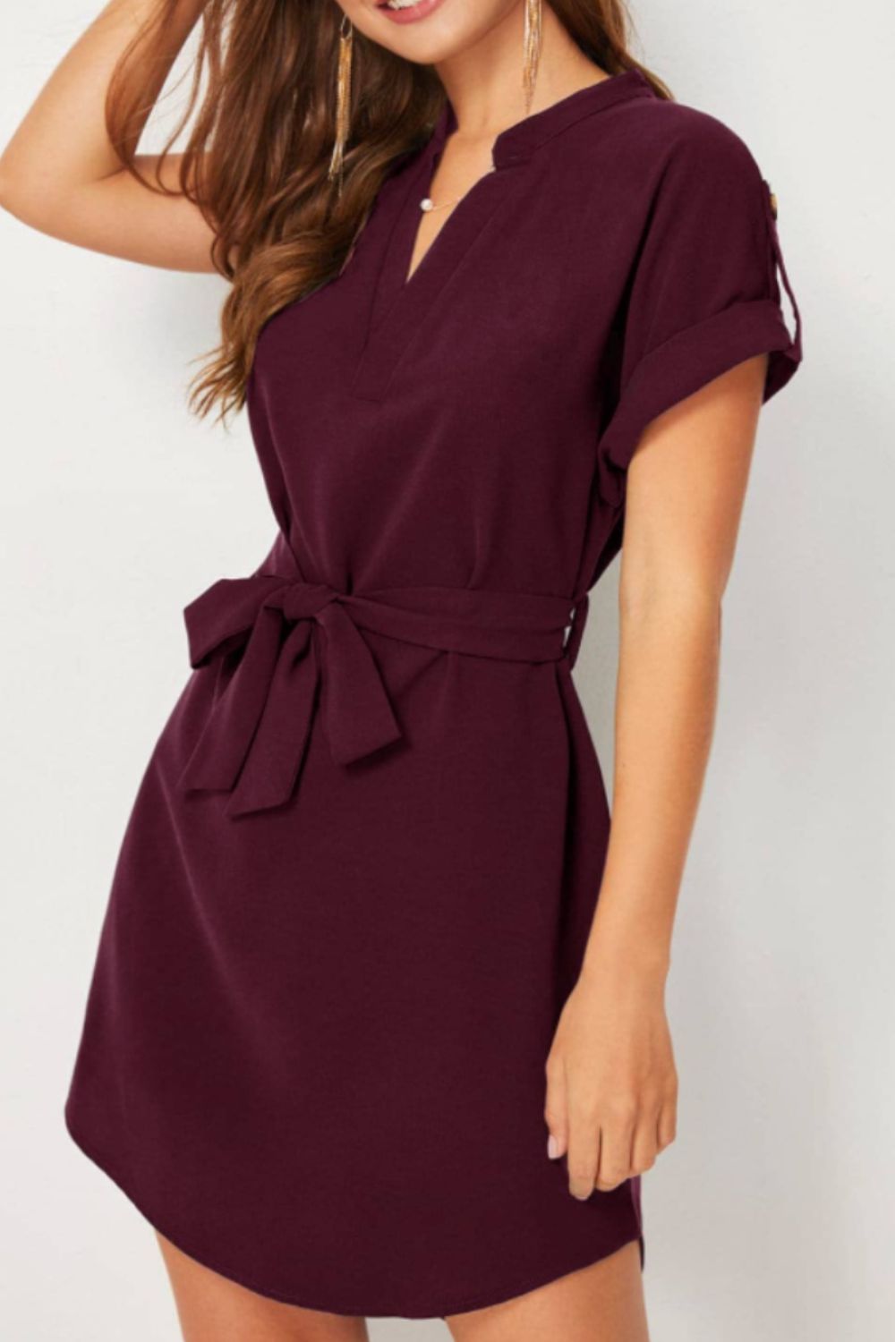 Tied Notched Short Sleeve Dress  Hot Trends