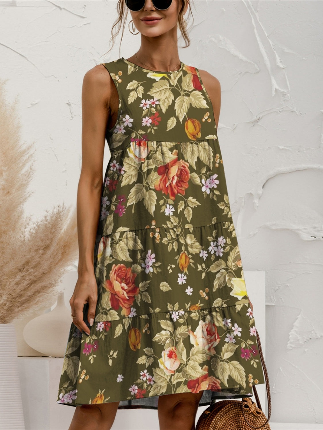 Tiered Printed Round Neck Sleeveless Dress - Hot Trends Online