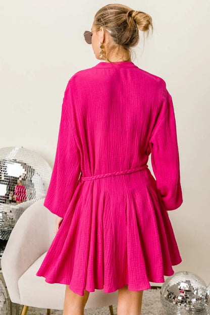 BiBi Button Up Texture Mini Dress with Braid Waist Strap  Hot Trends