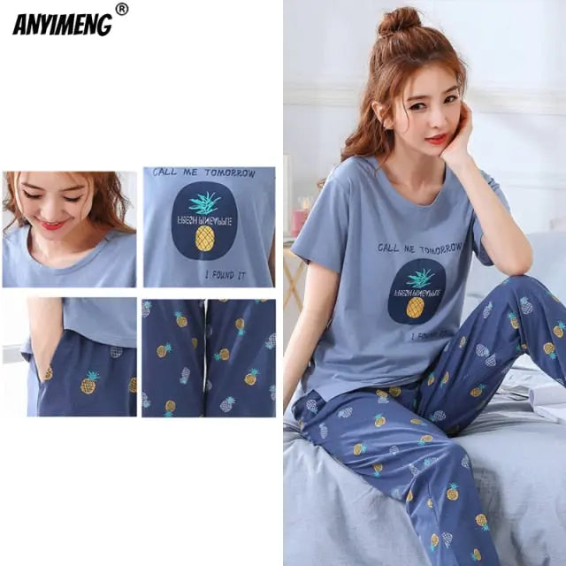 Cartoon Cotton Pajamas for Women Long Pants Short Sleeved Summer Spring Loungewear - Hot Trends