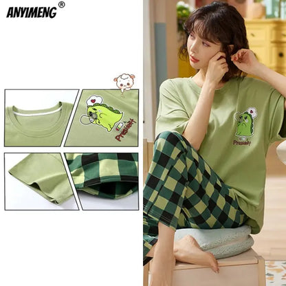 Cartoon Cotton Pajamas for Women Long Pants Short Sleeved Summer Spring Loungewear - Hot Trends