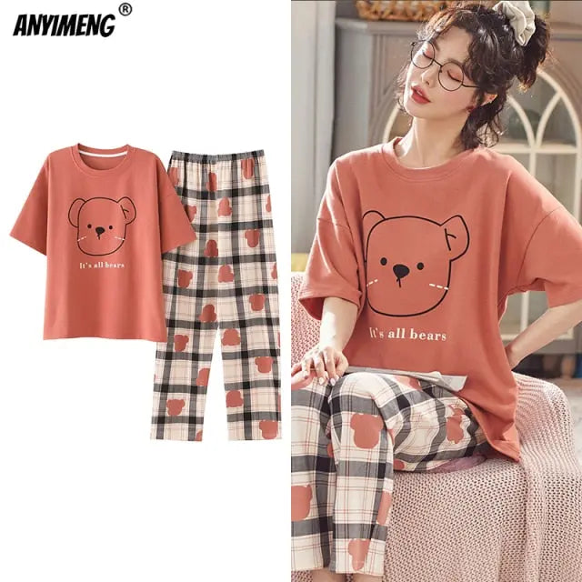 Cartoon Cotton Pajamas for Women Long Pants Short Sleeved Summer Spring Loungewear - Hot Trends