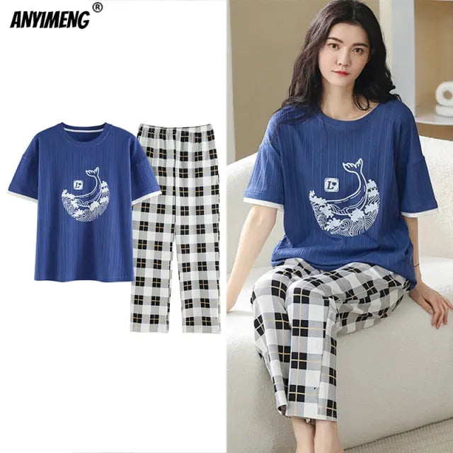 Cartoon Cotton Pajamas for Women Long Pants Short Sleeved Summer Spring Loungewear - Hot Trends