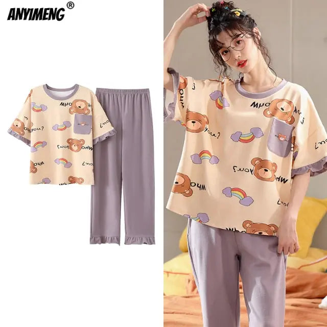 Cartoon Cotton Pajamas for Women Long Pants Short Sleeved Summer Spring Loungewear - Hot Trends