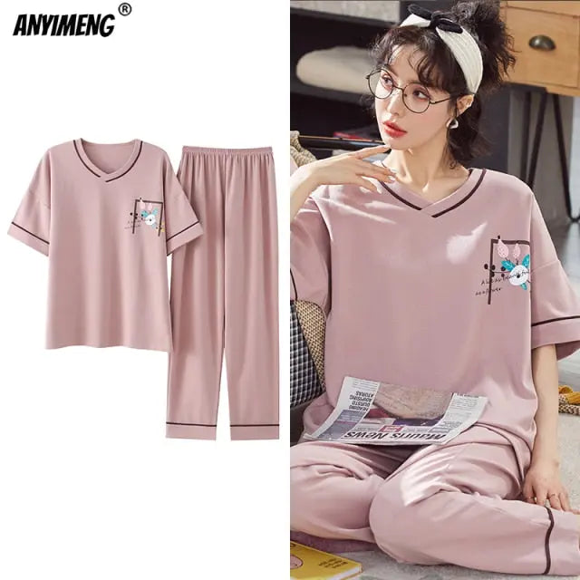 Cartoon Cotton Pajamas for Women Long Pants Short Sleeved Summer Spring Loungewear - Hot Trends