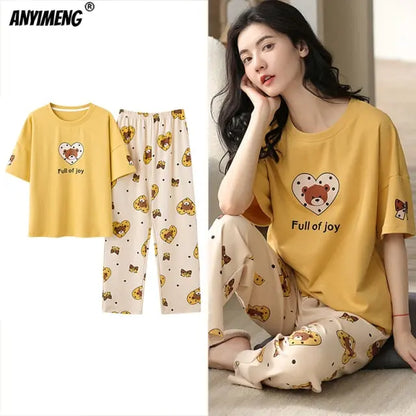 Cartoon Cotton Pajamas for Women Long Pants Short Sleeved Summer Spring Loungewear - Hot Trends