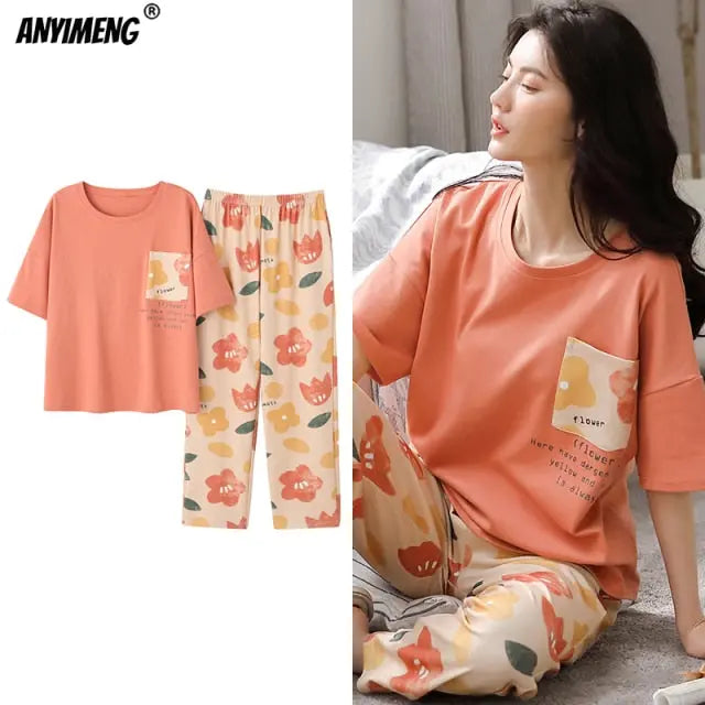 Cartoon Cotton Pajamas for Women Long Pants Short Sleeved Summer Spring Loungewear - Hot Trends