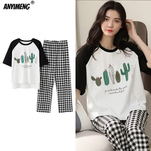 Cartoon Cotton Pajamas for Women Long Pants Short Sleeved Summer Spring Loungewear - Hot Trends