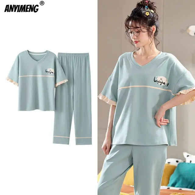 Cartoon Cotton Pajamas for Women Long Pants Short Sleeved Summer Spring Loungewear - Hot Trends