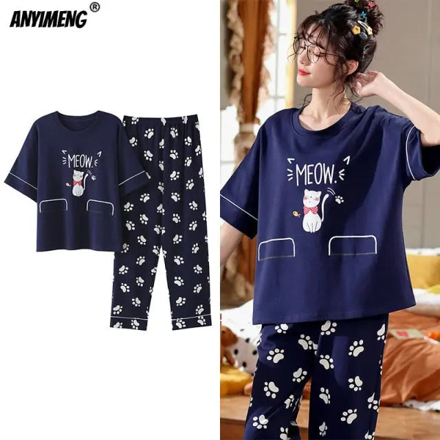 Cartoon Cotton Pajamas for Women Long Pants Short Sleeved Summer Spring Loungewear - Hot Trends