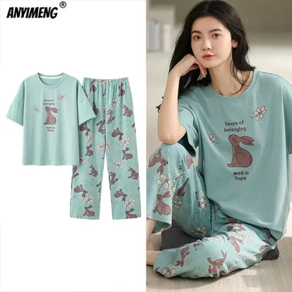 Cartoon Cotton Pajamas for Women Long Pants Short Sleeved Summer Spring Loungewear - Hot Trends