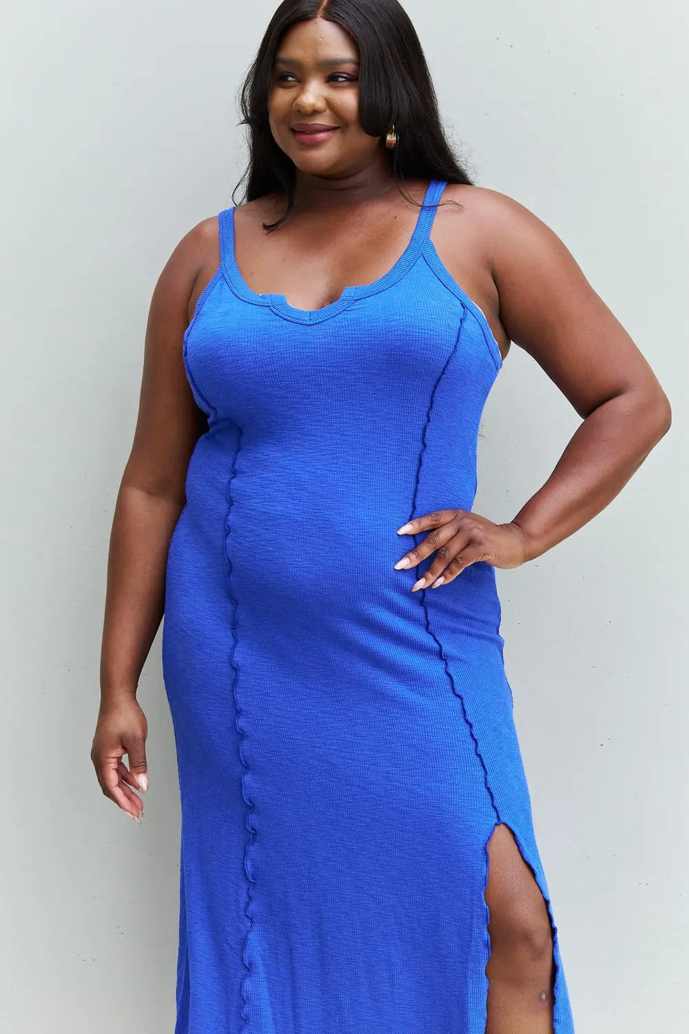 Culture Code Look At Me Full Size Notch Neck Maxi Dress with Slit in Cobalt Blue - Hot Trends