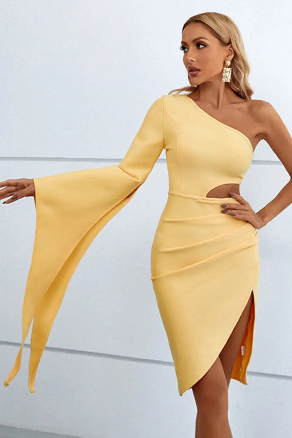 Cutout Split Flare Sleeve One-Shoulder Dress - Hot Trends