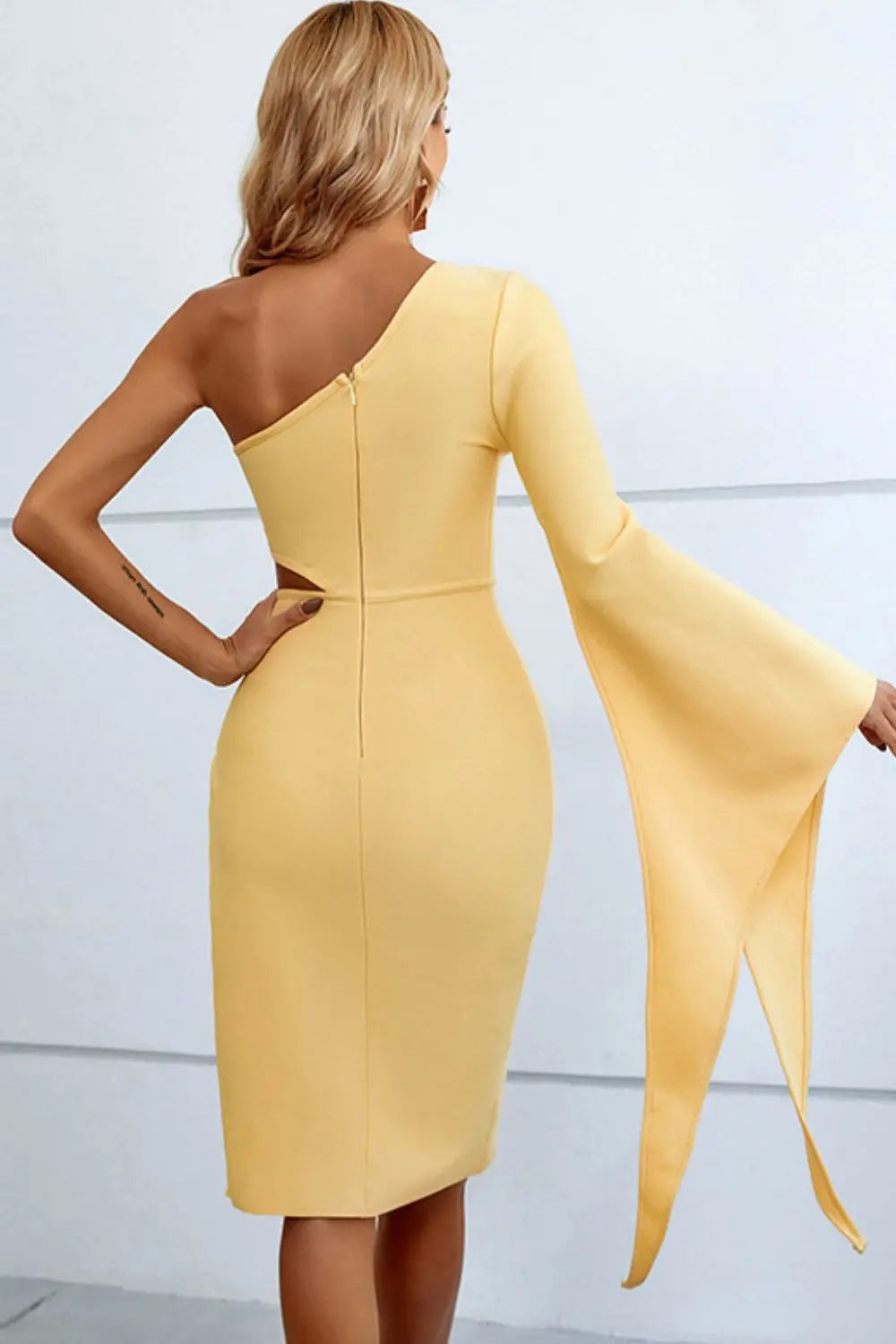 Cutout Split Flare Sleeve One-Shoulder Dress - Hot Trends