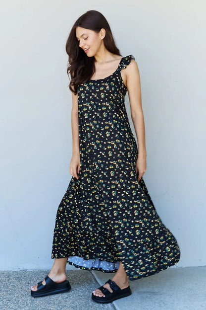 Doublju In The Garden Ruffle Floral Maxi Dress in  Black Yellow Floral - Hot Trends