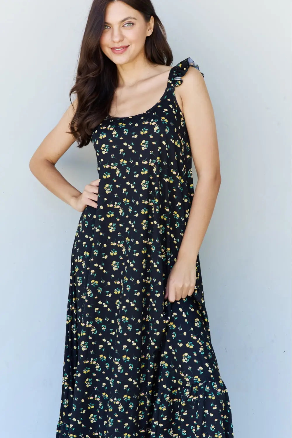 Doublju In The Garden Ruffle Floral Maxi Dress in  Black Yellow Floral - Hot Trends