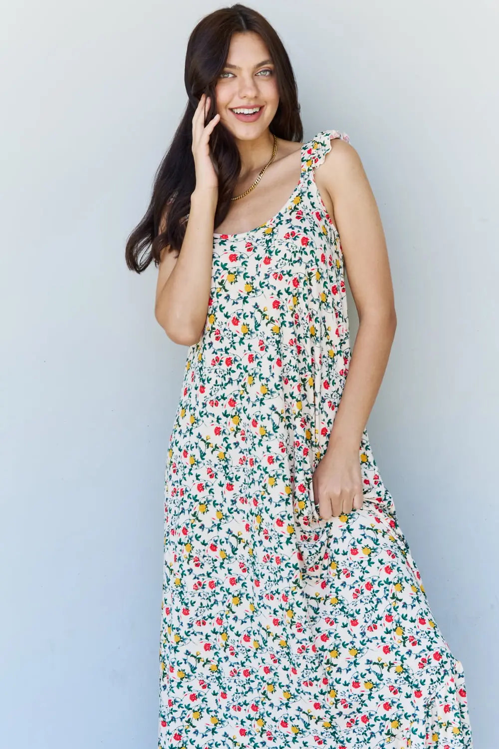 Doublju In The Garden Ruffle Floral Maxi Dress in Natural Rose - Hot Trends