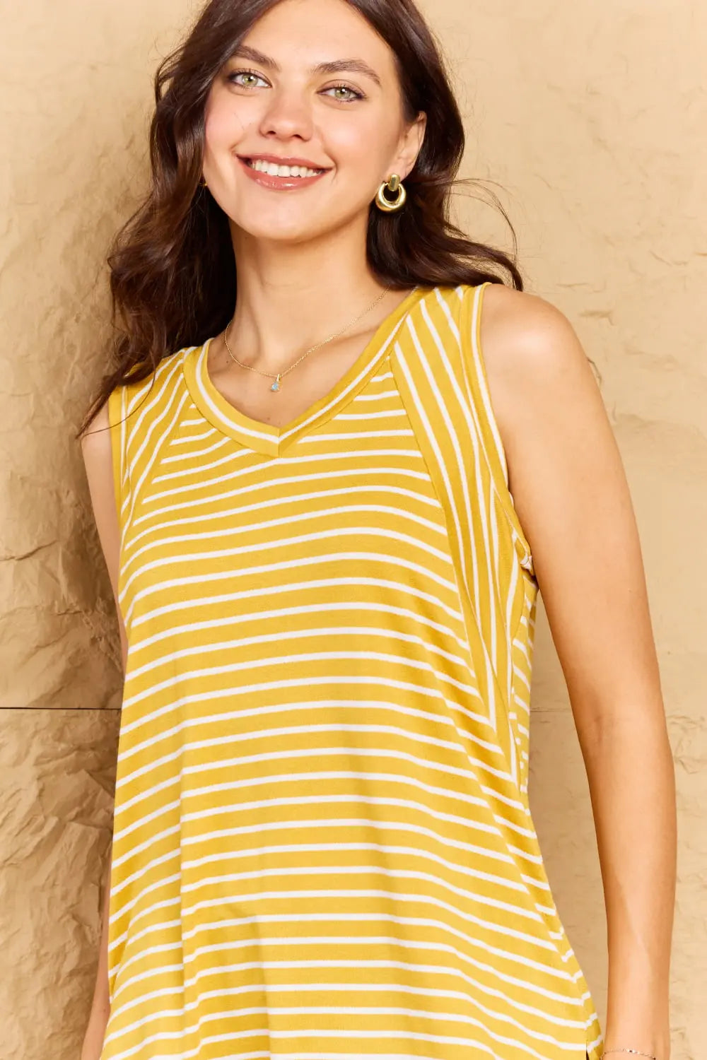 Doublju Talk To Me Full Size Striped Sleeveless V-Neck Top - Hot Trends