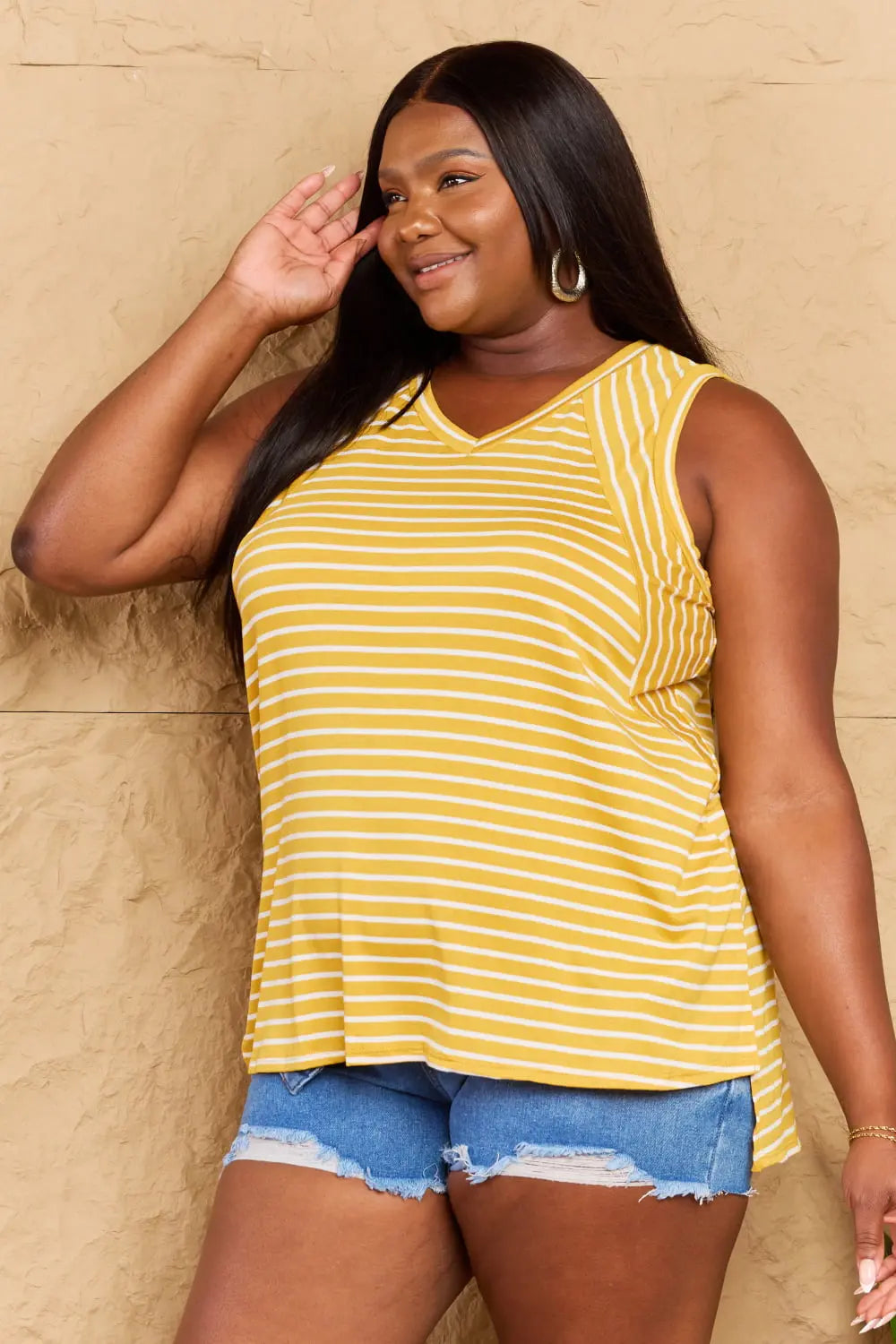 Doublju Talk To Me Full Size Striped Sleeveless V-Neck Top - Hot Trends